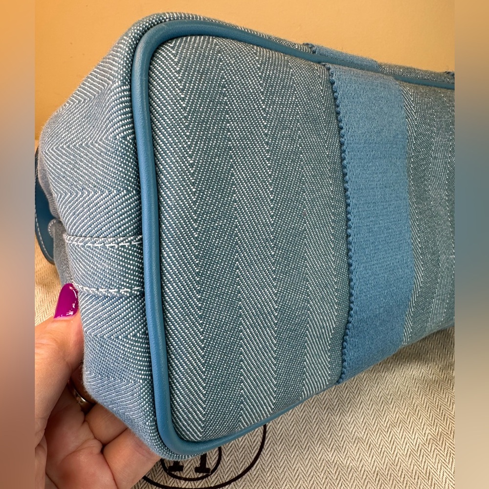 Hermes Valparaiso PM Bag Blue Chevron Canvas Blue Leather, Pouch, Dustbag COA - Picture 11 of 17